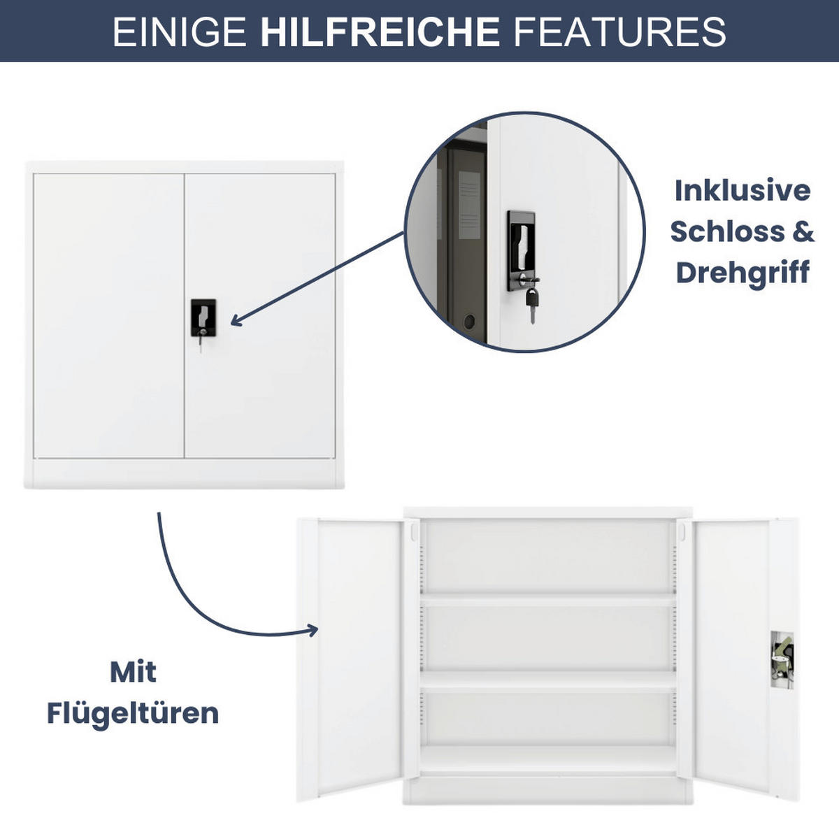 AKTENSCHRANK abschließbar KADO mit Flügeltüren 93x90x40cm Weiß - Weiß, Metall (90/93/40cm) - DELUKE