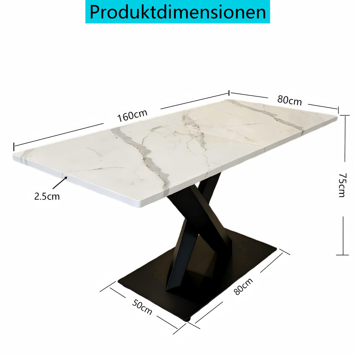 ESSTISCH rechteckiger Weiß mit schwarzem Metallgestell, X-förmigen Beinen, 160/80/75 cm - Weiß, Holz (80/160/75cm) - Oxeza