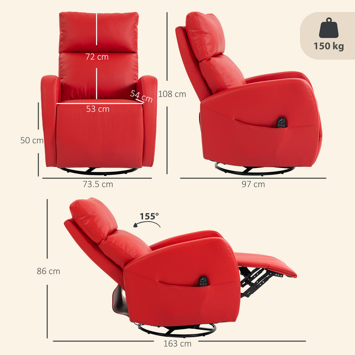 MASSAGESESSEL,LIEGEFUNKTION PU-Leder beheizte Fußstütze Fernbedienung,rot - Rot, Leder (73.5/86/97cm) - Vallsero