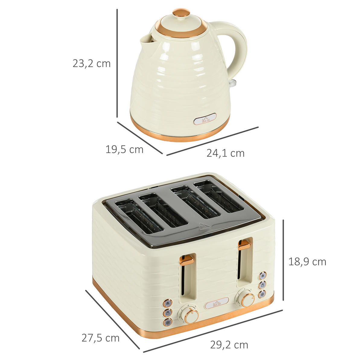 WASSERKOCHER-TOASTER-SET mit 1,7 L Wasserkocher, 4 Scheiben-Toaster, Beige - Beige, Kunststoff (19.5/23.2/24.1cm) - HOMCOM