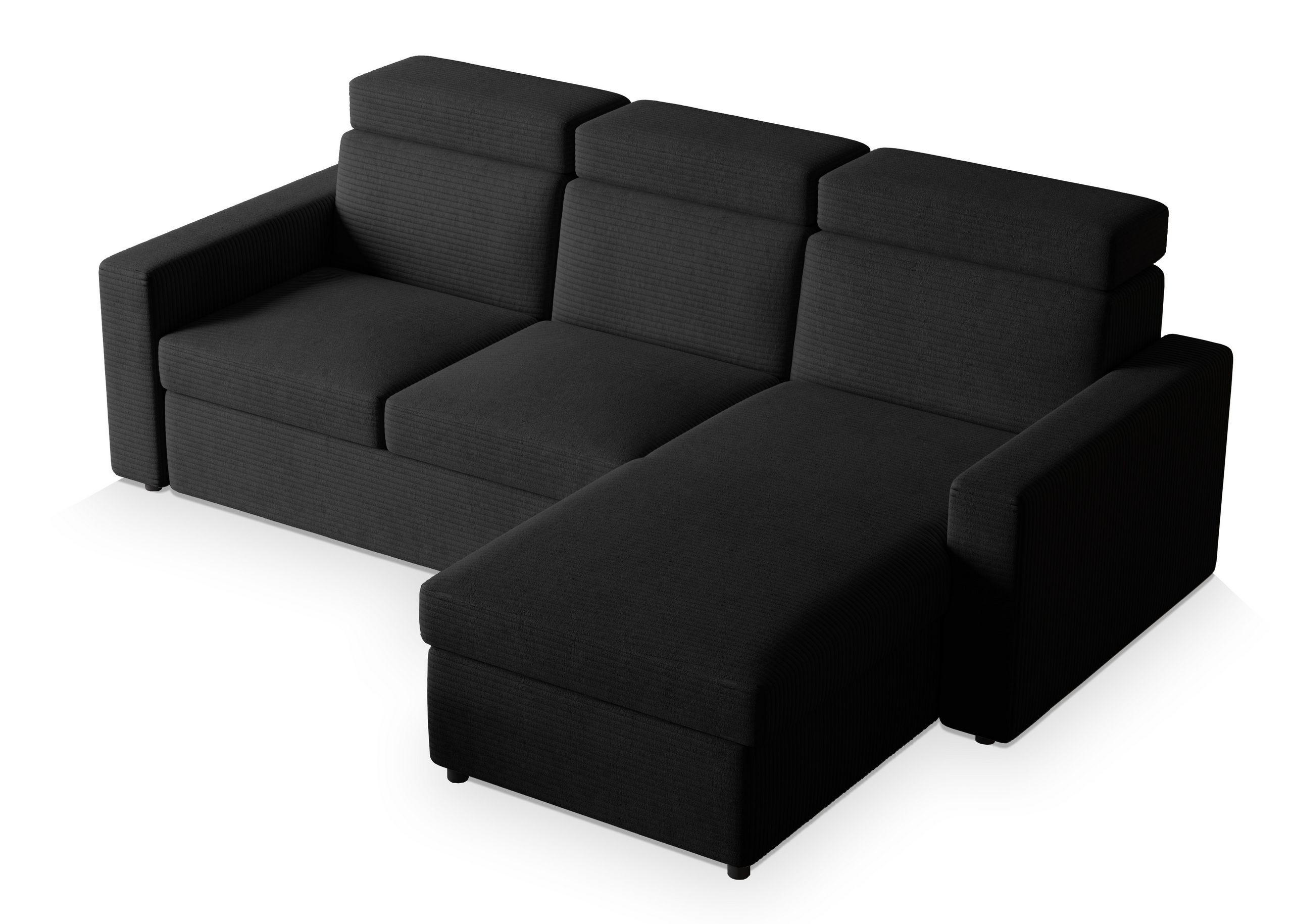 ECKSOFA PADWA Schwarz Kordstoff mit Schlaffunktion - Schwarz, Holz (227/168cm) - MASSENO