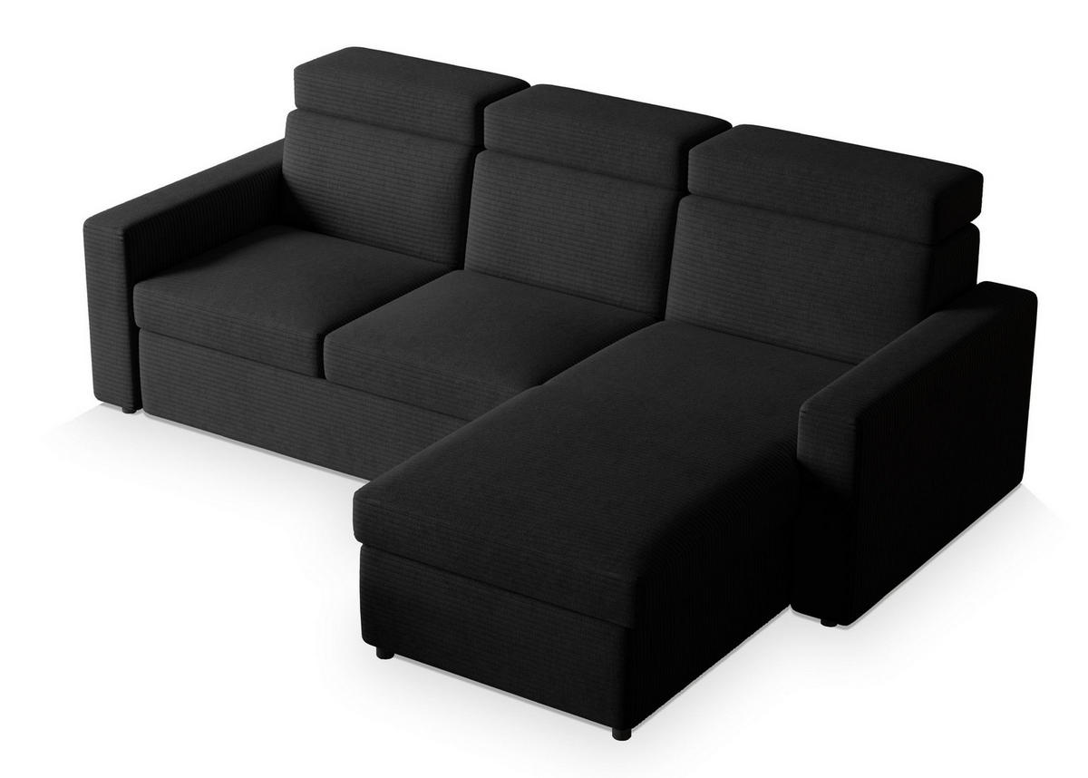ECKSOFA PADWA Schwarz Kordstoff mit Schlaffunktion - Schwarz, Holz (227/168cm) - MASSENO