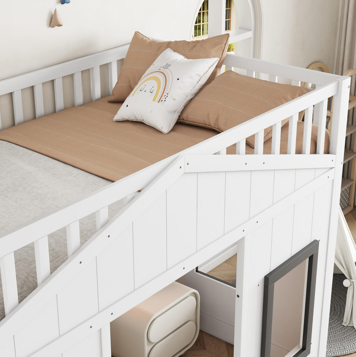 HOCHBETT 90/200 cm in Weiß mit Treppe, Fallschutz und Fensterdesign - Weiß, Holzwerkstoff (90/200cm) - Flora Grace