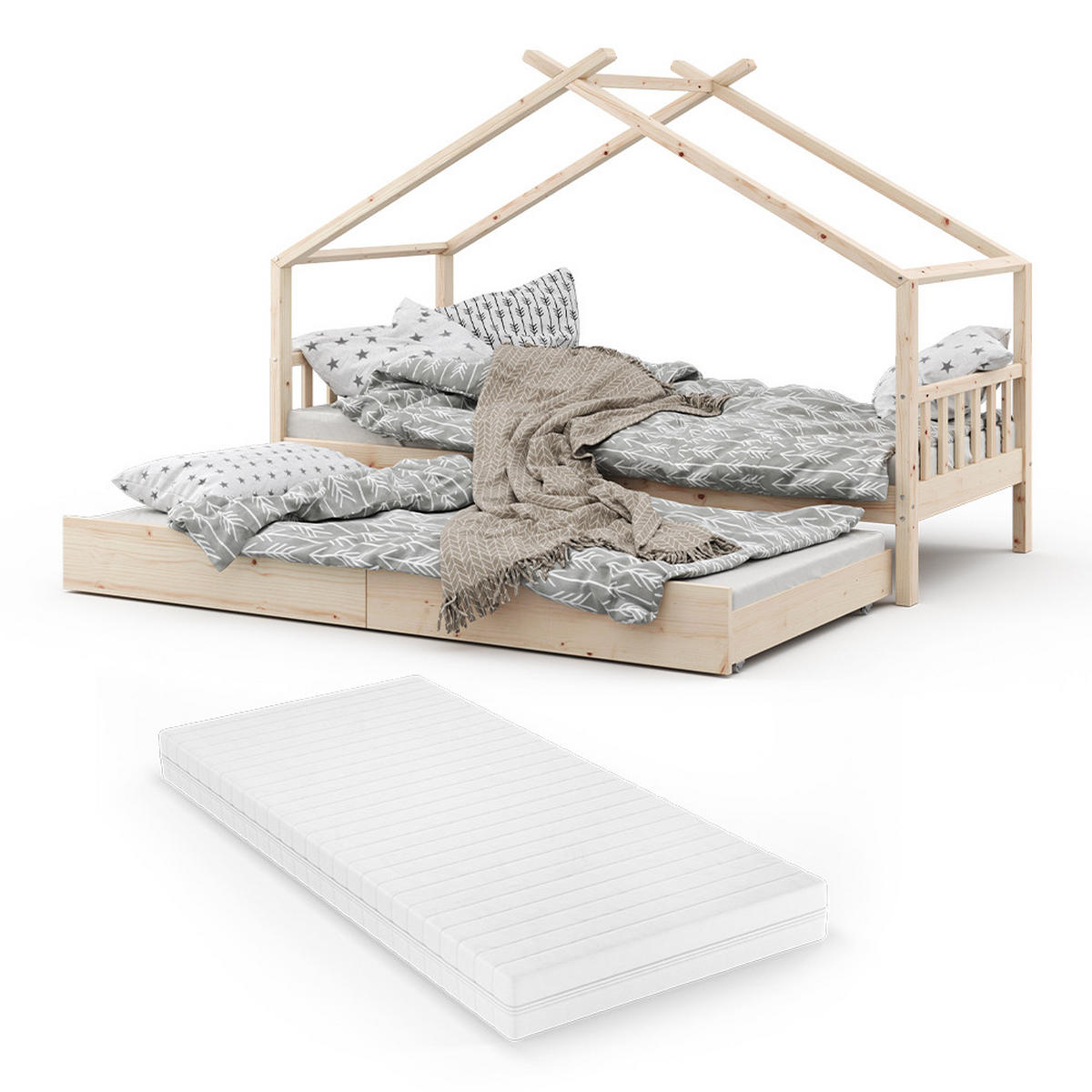 HAUSBETT Design Naturholz 90x200 cm mit Gästebett und Matratze - Naturfarben, Holz (90/200cm) - VitaliSpa