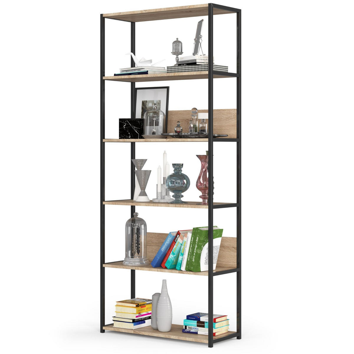 LOFT-REGAL Schwarz, Sonoma Eiche 80x192x32 cm - Schwarz/Sonoma Eiche, Holzwerkstoff/Metall (80/192/32cm) - Akord