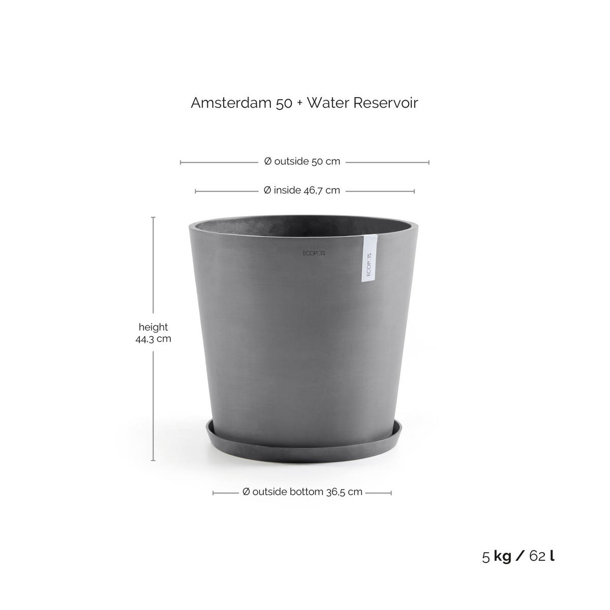 BLUMENTOPF mit Wasserreservoir Amsterdam 50/44,3 cm Grau - Grau, Kunststoff (50/44.3cm) - Ecopots