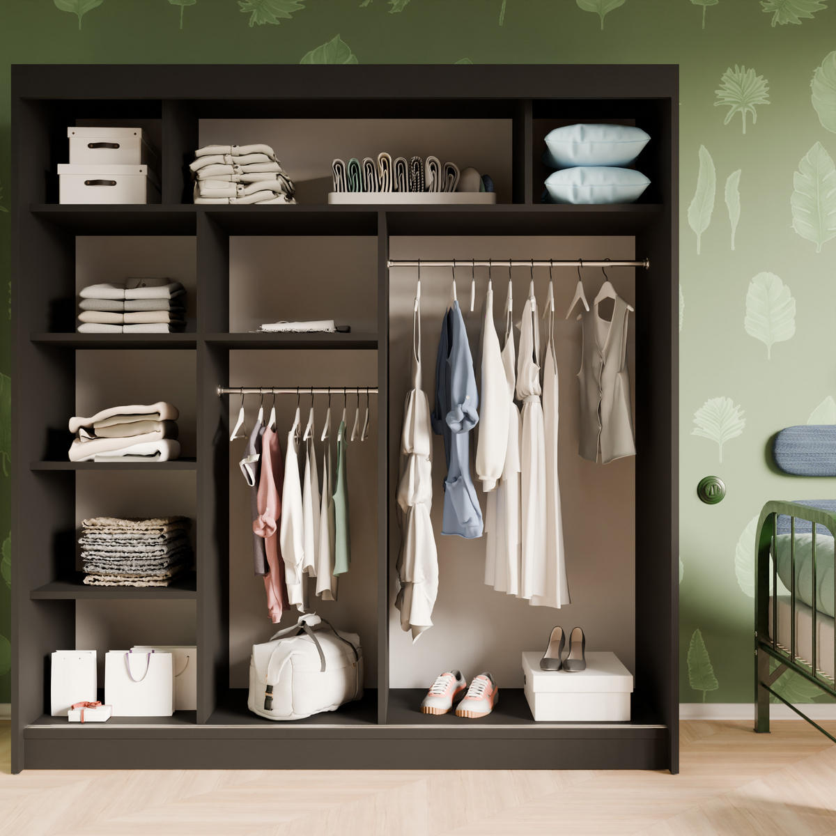 SCHIEBETÜRENSCHRANK TIPI II - Schwarz/Weiß, Holzwerkstoff (200/215/61cm) - Meblini