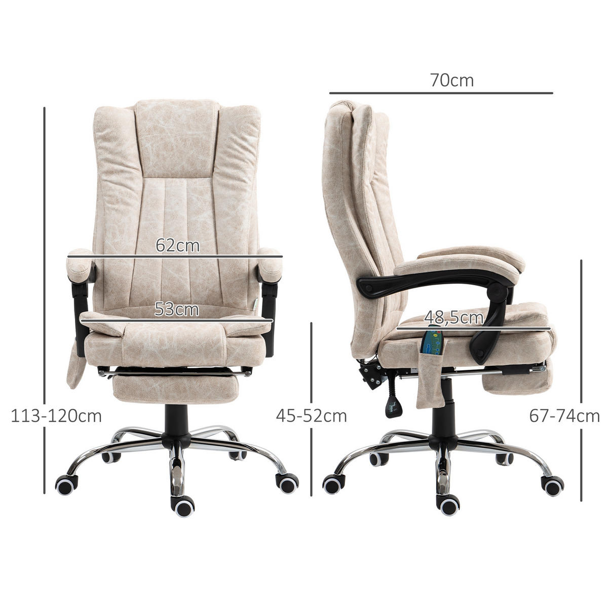 BÜROSTUHL mit Vibrationsmassage, Ergonomischer Schreibtischstuhl, Liegefunktion - Weiß, Metall (70/120/62cm) - Vinsetto