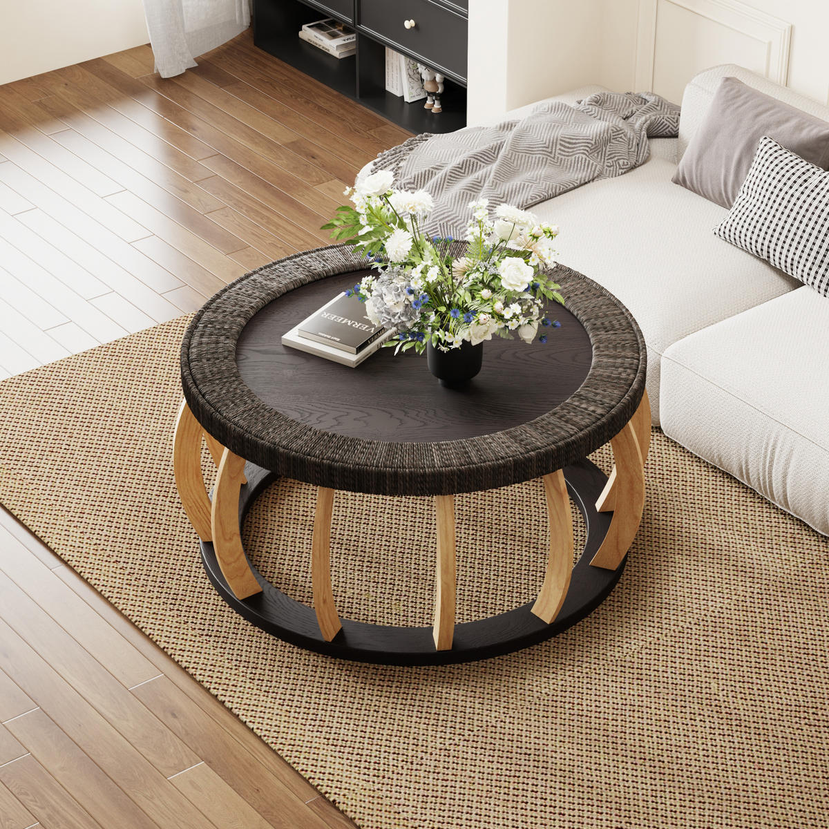 COUCHTISCH in Schwarz Rattan-Kaffeetisch für Wohnzimmer oder Esszimmer, B90/T90/H43cm - Schwarz/Naturfarben, Holz/Holzwerkstoff (90/90/43cm) - STILVORA