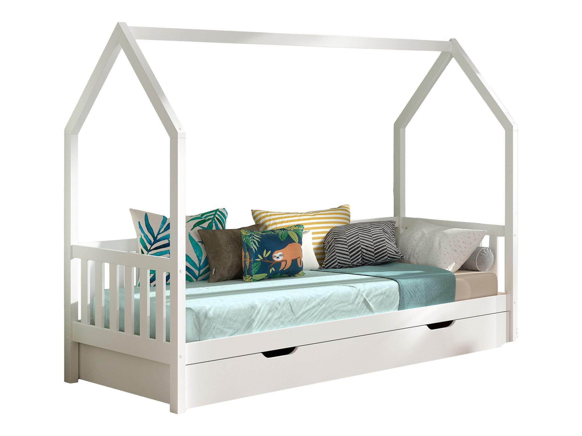 HAUSBETT Kandace 90x200 Kiefer massiv weiß mit Dachaufbau & Schublade - Weiß, Holz (90/200cm) - 58aufmkessel
