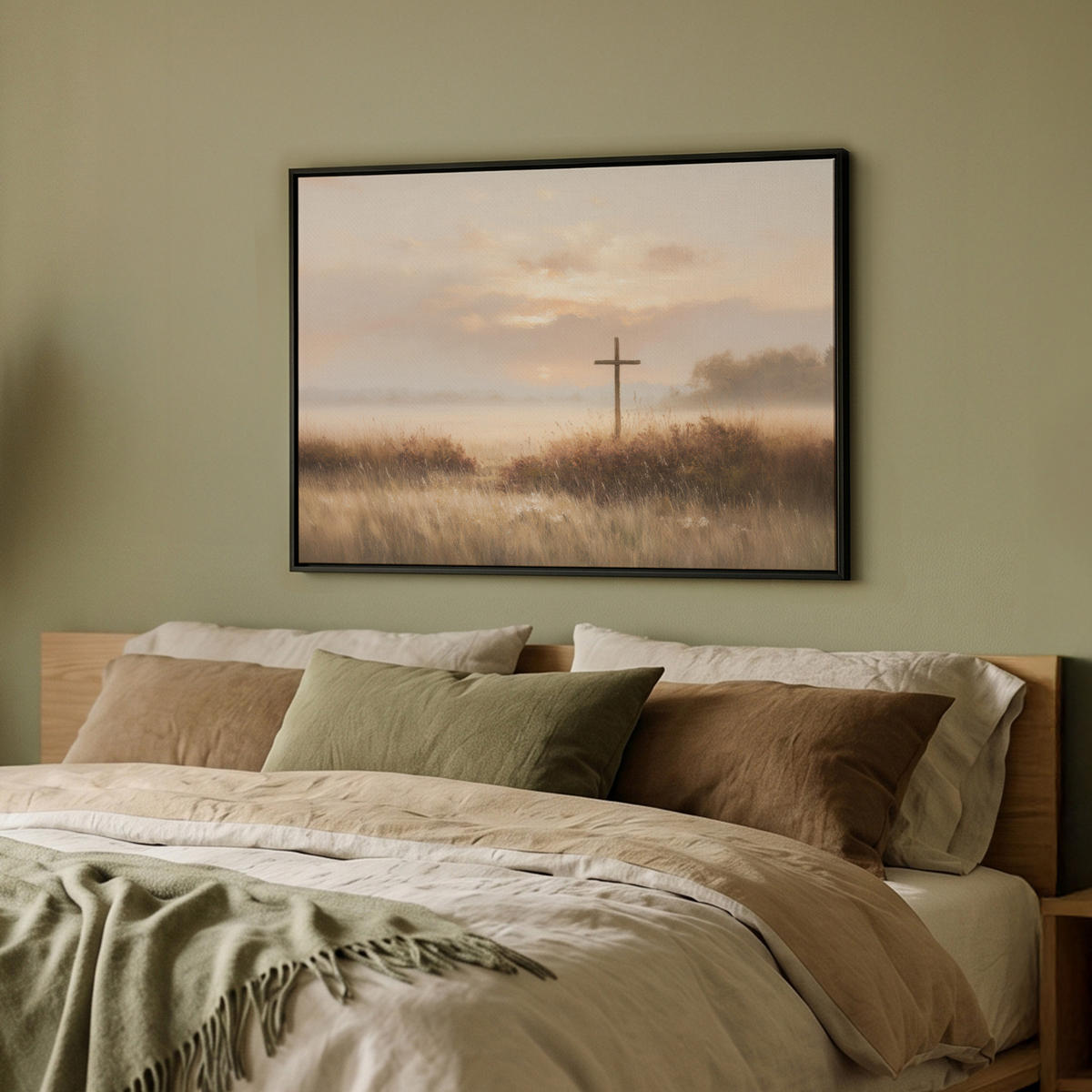 LEINWAND Bilder mit Rahmen - Gras - Morgennebel - Kreuz - Christentum - 80x60 - Beige, Textil (80/60cm) - MuchoWow