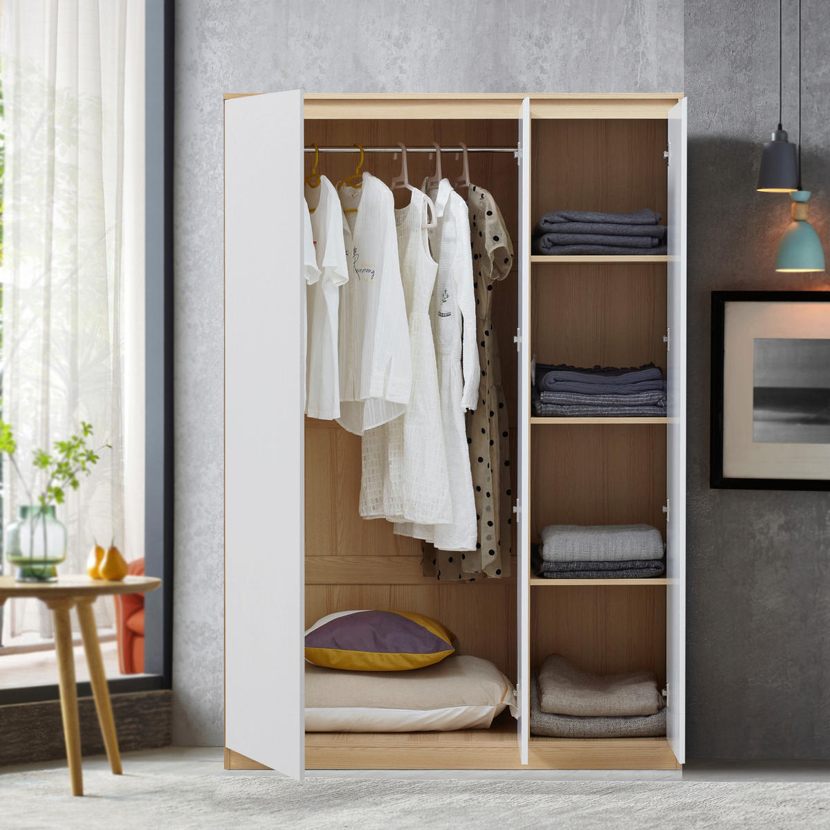 KLEIDERSCHRANK Bastheim - Eichefarben/Weiß, Holzwerkstoff (120/176/52cm) - [en.casa]