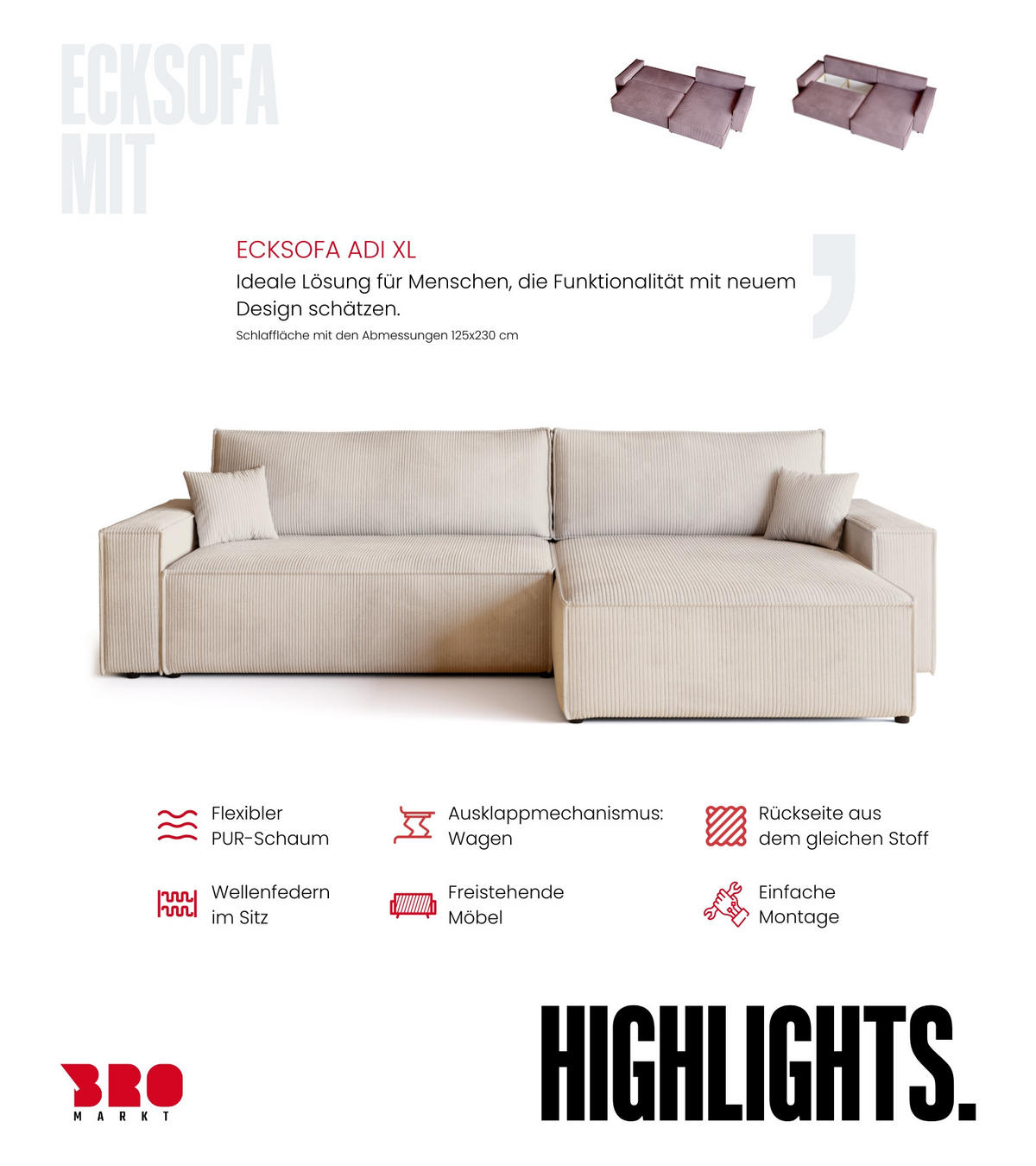 ECKSOFA ADI XL mit Schlaffunktion Vanille Cord - Creme, Textil (272/143cm) - Bromarkt