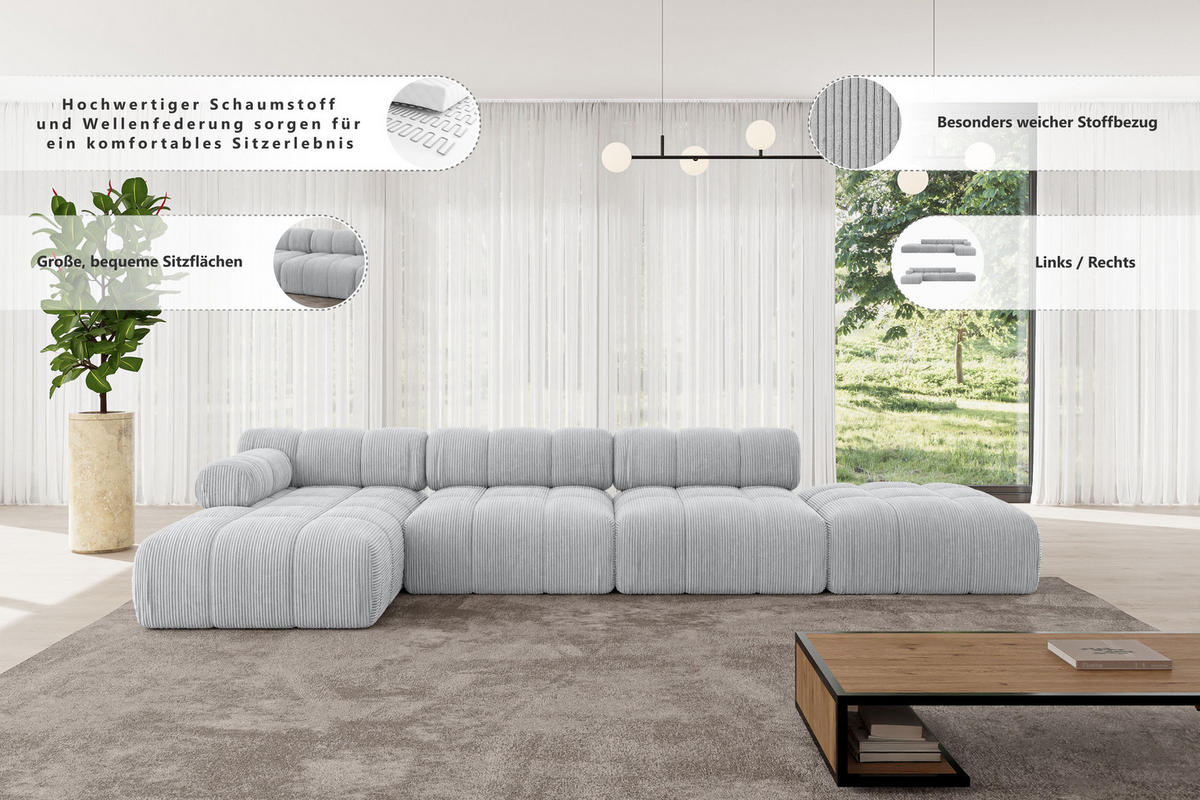 ECKSOFA modulares Sofa Lizur-L2 - 380x160x70 cm Dunkelgrau Velours - Dunkelgrau, Holzwerkstoff/Textil (380/160cm) - ALTDECOR