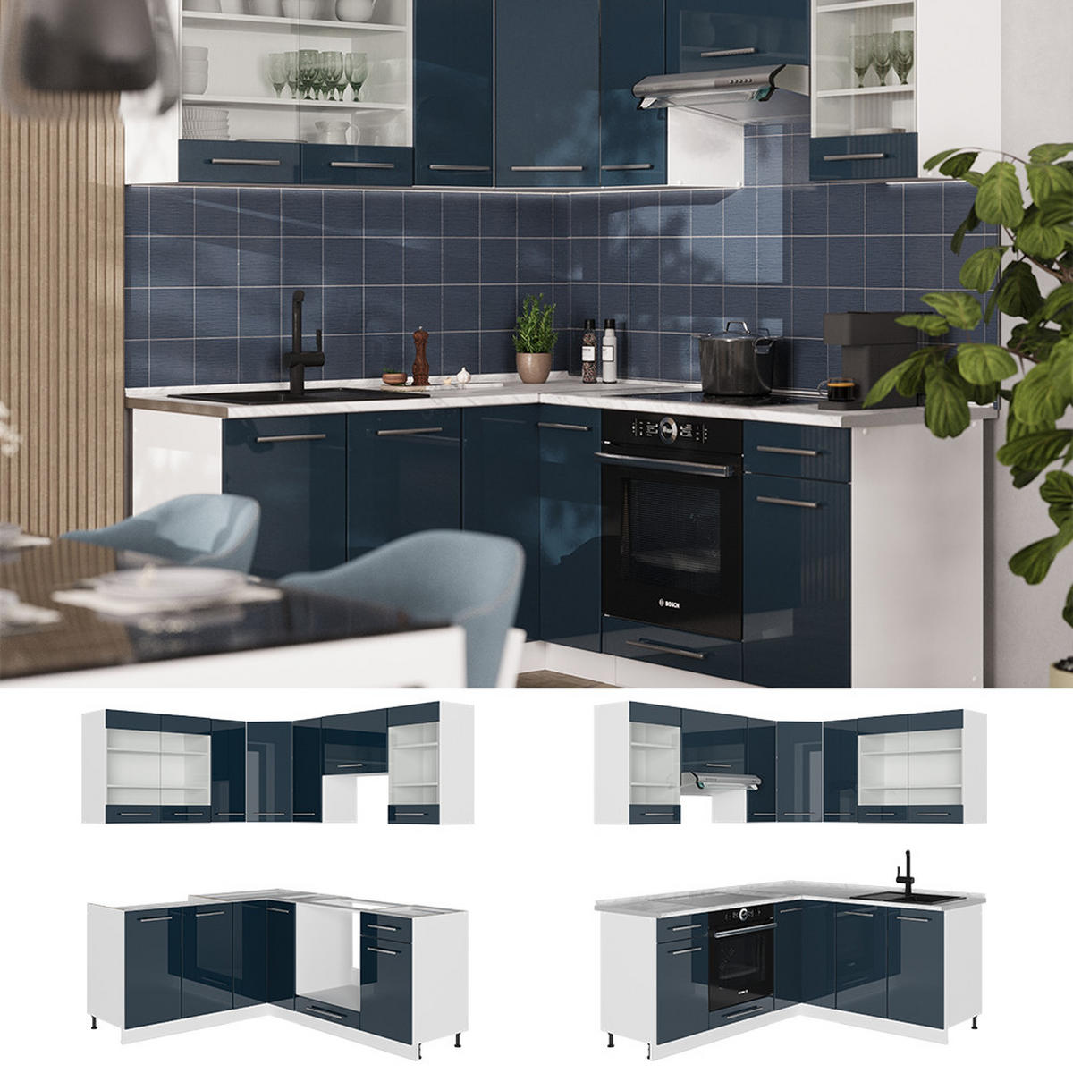 ECKKÜCHE Fame-Line Dunkelblau Hochglanz/Weiß 160 x 60 cm ohne AP - Dunkelblau/Weiß, Holzwerkstoff (190/81.6/46cm) - Vicco