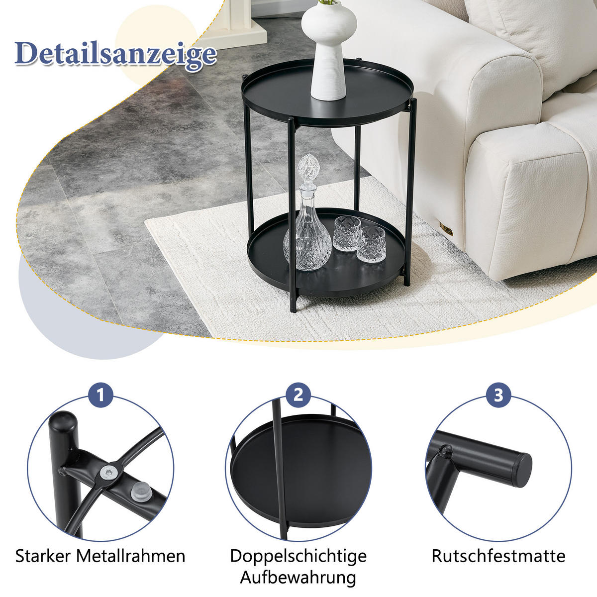 BEISTELLTISCH Schwarz mit 2 Ablagen 42/42/52 cm - Schwarz, Metall (42/42/52cm) - PANGIVO