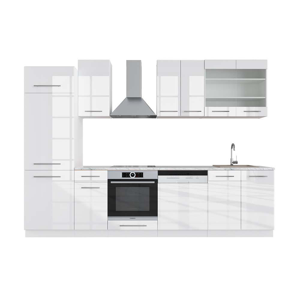 KÜCHENZEILE Fame-Line Weiß Hochglanz/Weiß 300 cm, AP Marmor - Weiß Hochglanz/Weiß, Holzwerkstoff (300/81.6/60cm) - Vicco