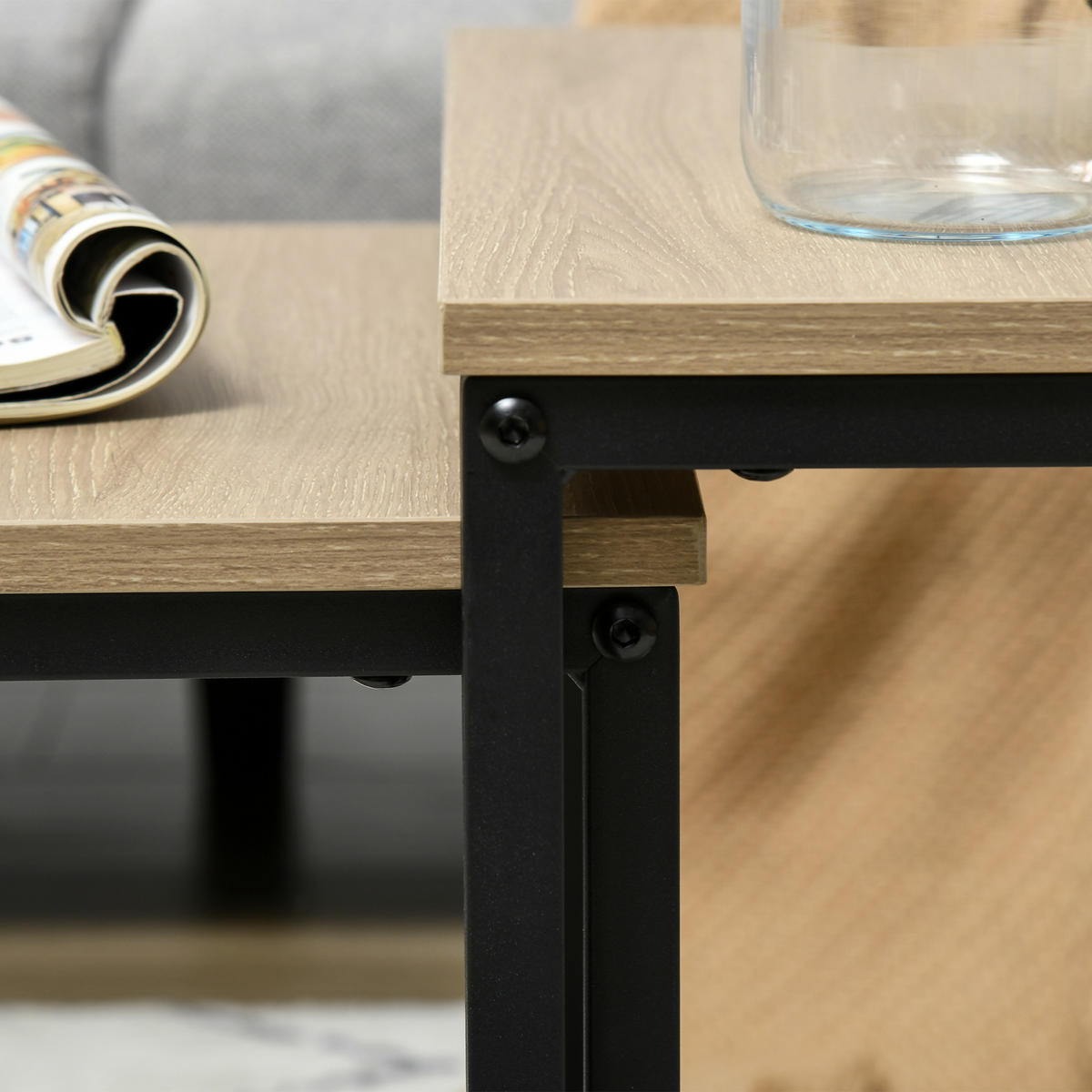 SATZTISCH-SET aus 3 Beistelltischen, Industrial Design, schwarzer Stahlrahmen, Tischplatte in Holzoptik - Naturfarben, Holzwerkstoff (45/45/44cm)