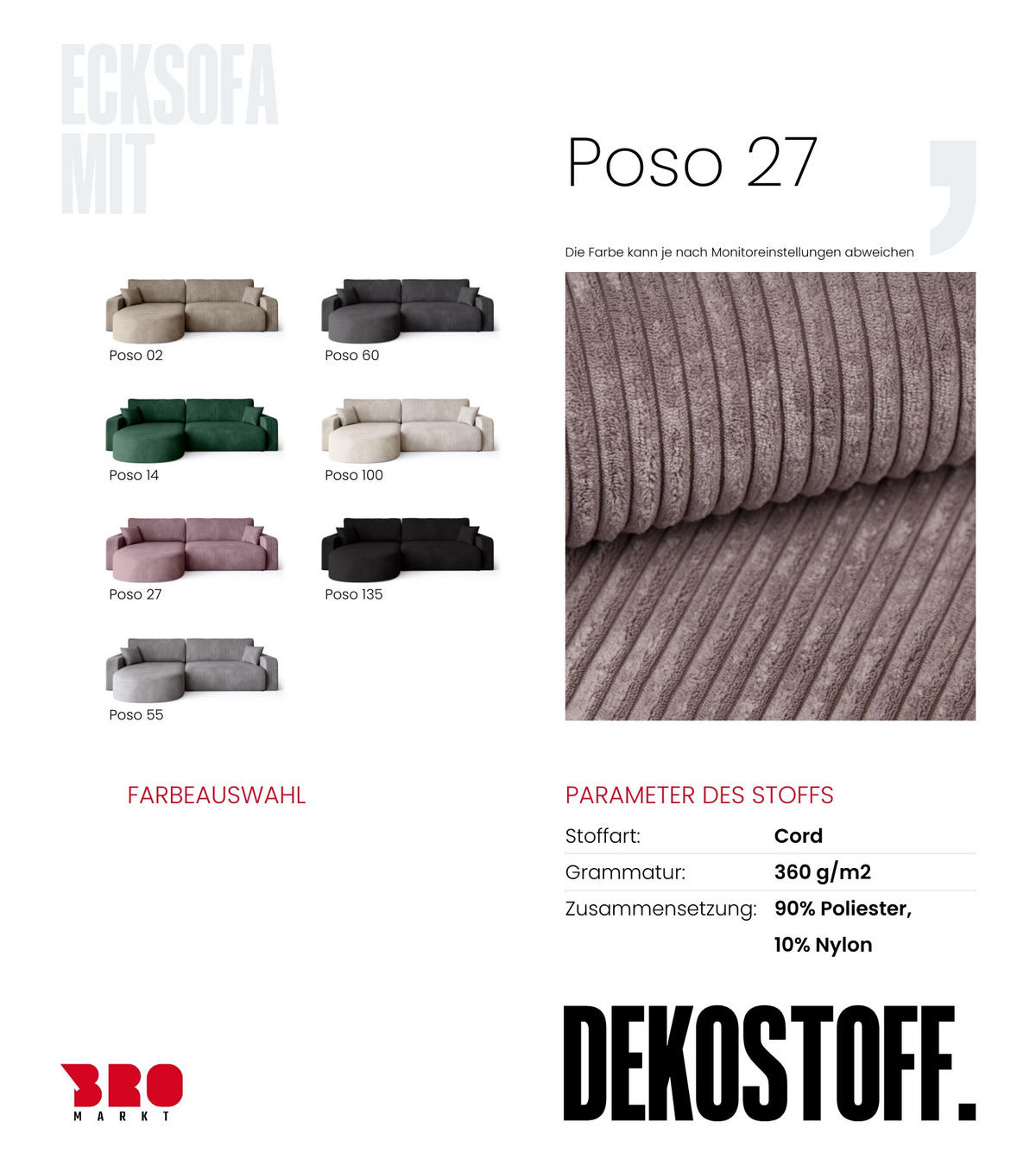 ECKSOFA Bisk mit Schlaffunktion Puderrosa Cordstoff - Pink, Textil (275/170cm) - Bromarkt
