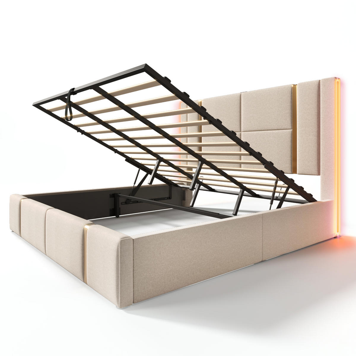 POLSTERBETT 180/200 cm Beige mit USB- und Type-C-Anschlüssen und LED-Beleuchtung - Beige, Textil (180/200cm) - OKWISH