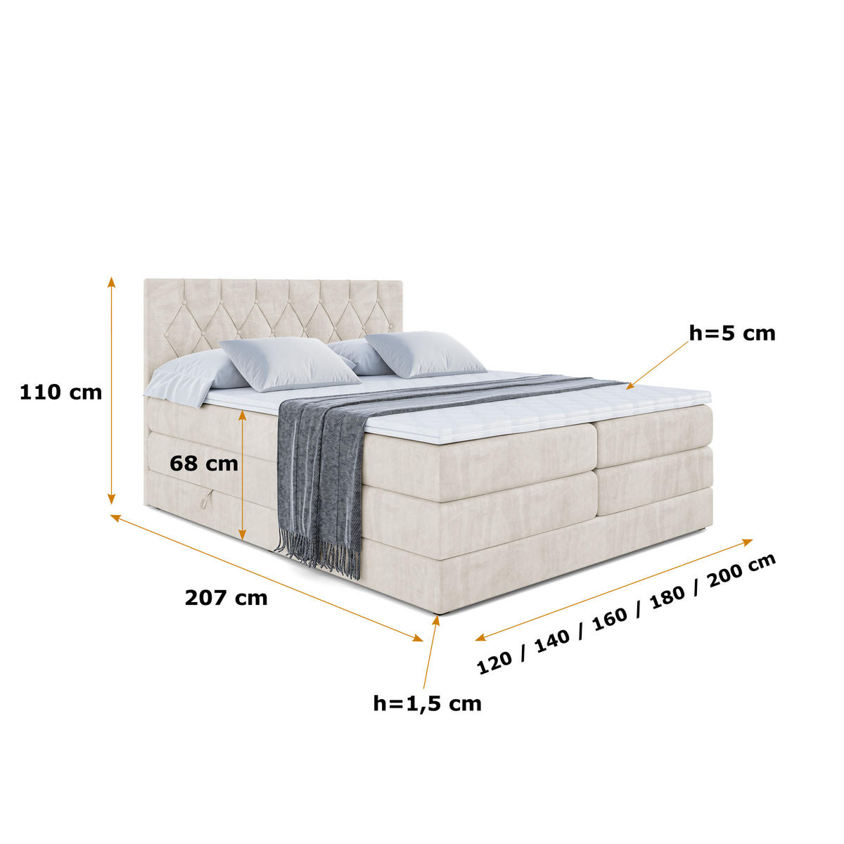 BOXSPRINGBETT VELANTO-BZ KING - 120 x 200 - H3/H4 - Ecru - Ecru, Holzwerkstoff (120/200cm) - ALTDECOR