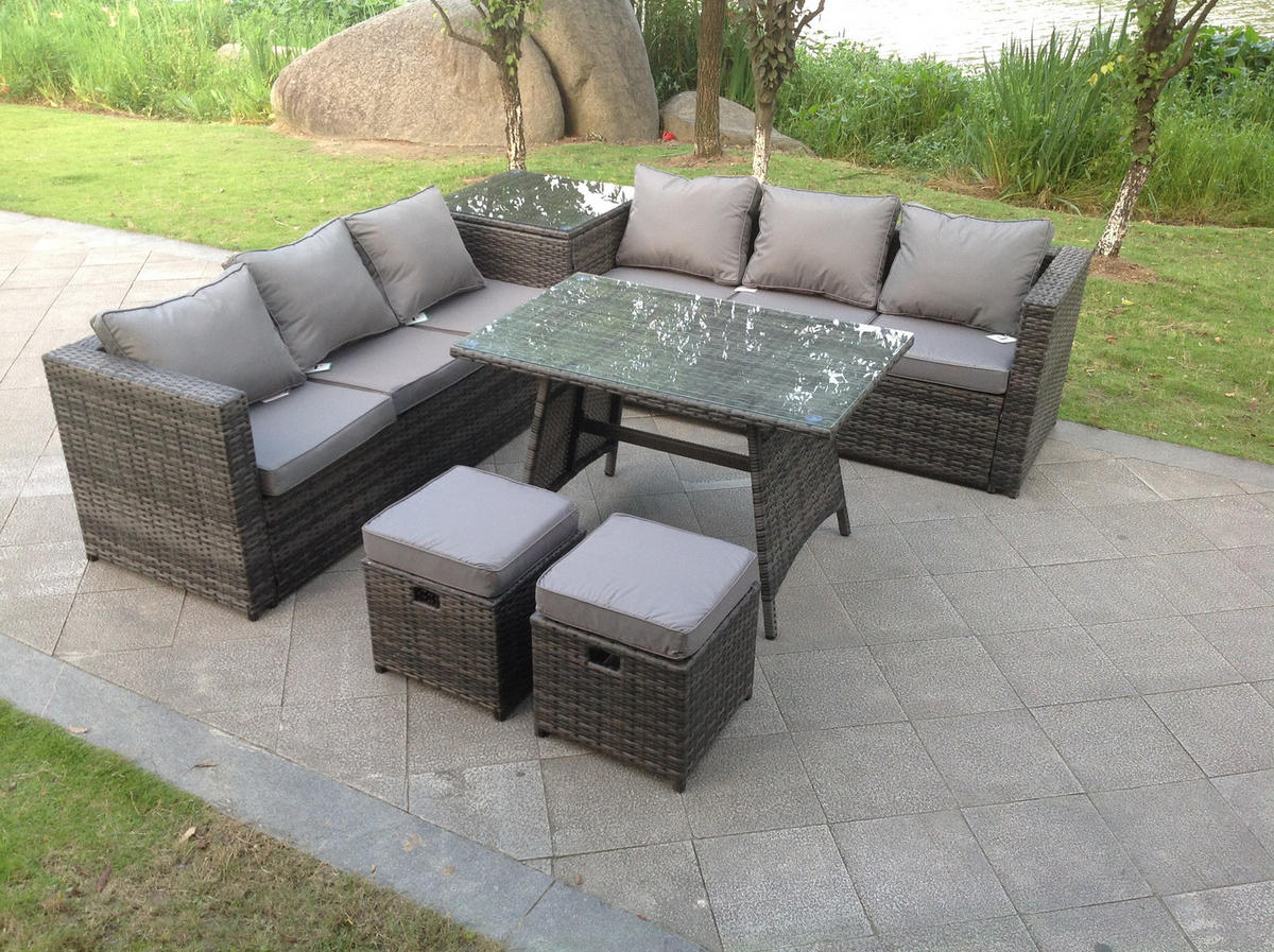 GARTENMÖBEL SET Polyrattan 8-Sitzer Grau - Dunkelgrau/Grau, Glas/Kunststoff - Fimous