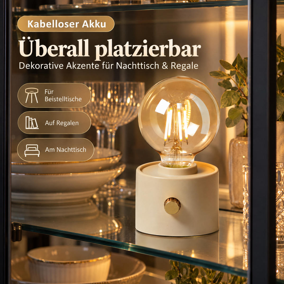 LED-AKKU-TISCHLEUCHTE Vintage dimmbar Drehschalter Edison-Birne USB-C Beige 50 lm - Beige, Kunststoff (10/8.7/16cm) - Northpoint