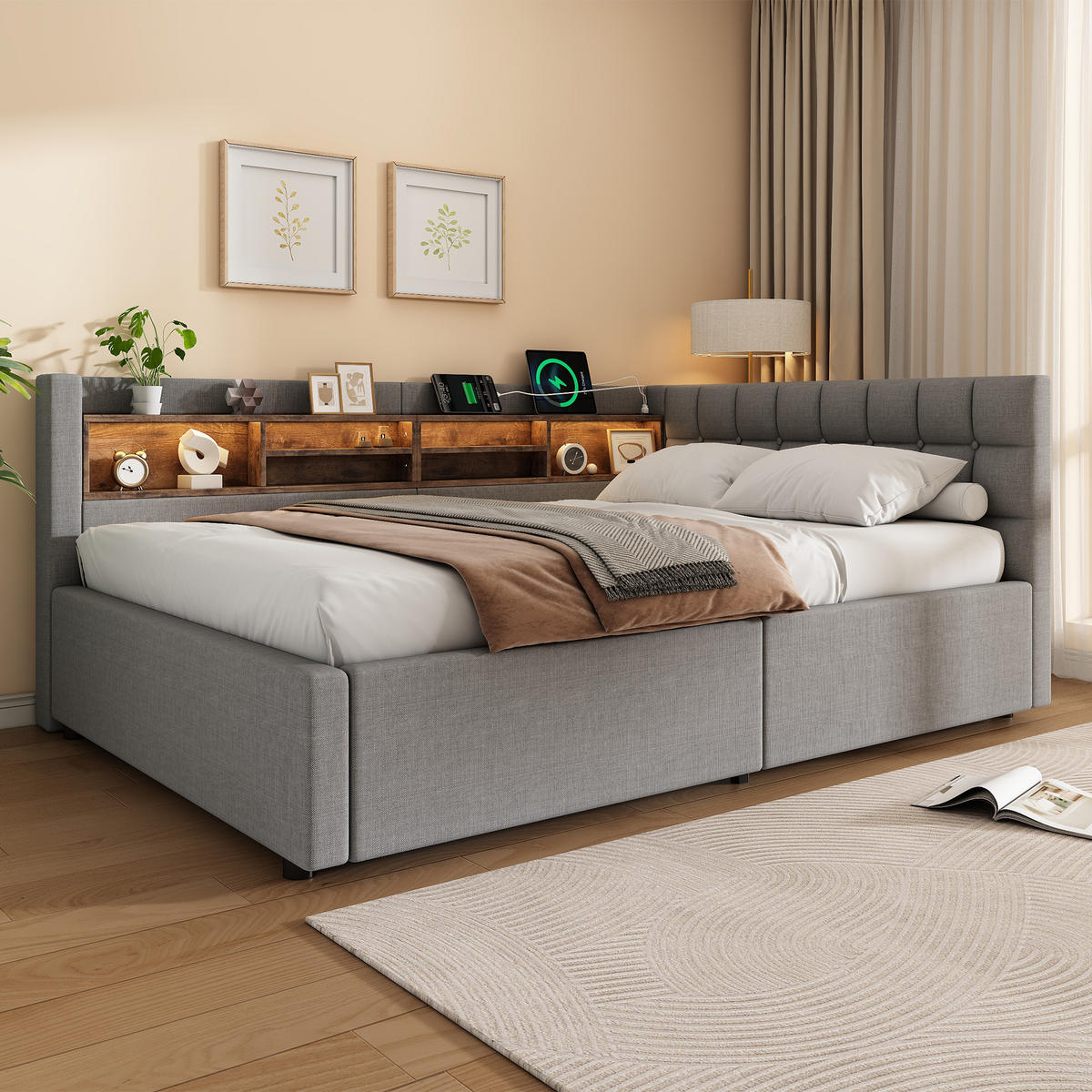 DENNÍ POSTEL 140x200cm Pohovka Úložná LED USB Šedá - šedá, přírodní materiály (140/200cm) - FLIEKS