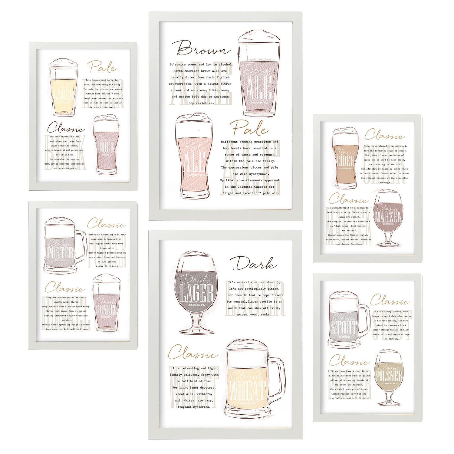 POSTER Set Mit 6 Biersorten Weiß Vollfarbige Illustrationen Von Kaffee & Getränken Im Werbetafel Illustrationen Für & Heim A3 & A4 Weißer Rahmen - Weiß, Papier (29/3cm) - Nacnic