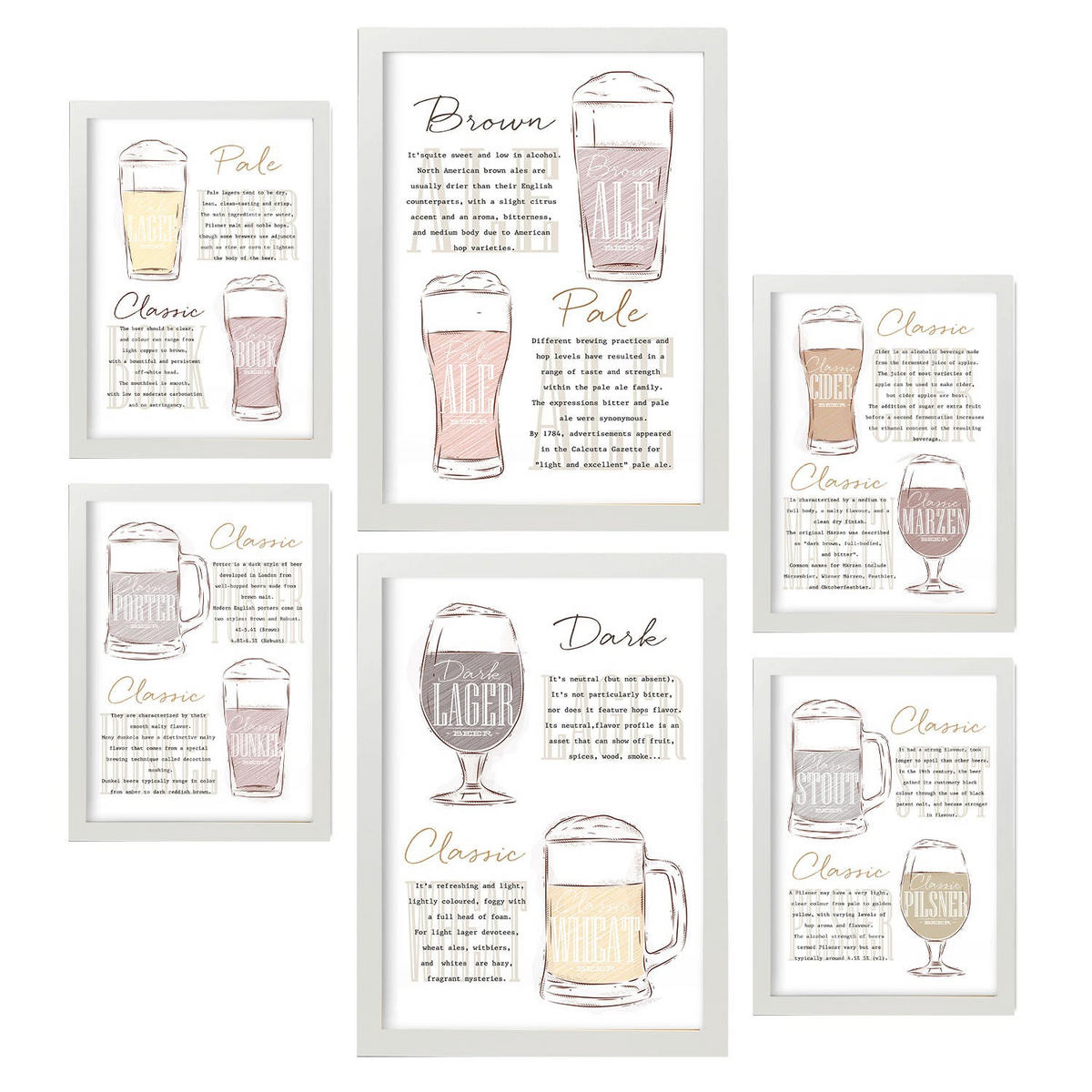 POSTER Set Mit 6 Biersorten Weiß Vollfarbige Illustrationen Von Kaffee & Getränken Im Werbetafel Illustrationen Für & Heim A3 & A4 Weißer Rahmen - Weiß, Papier (29/3cm) - Nacnic