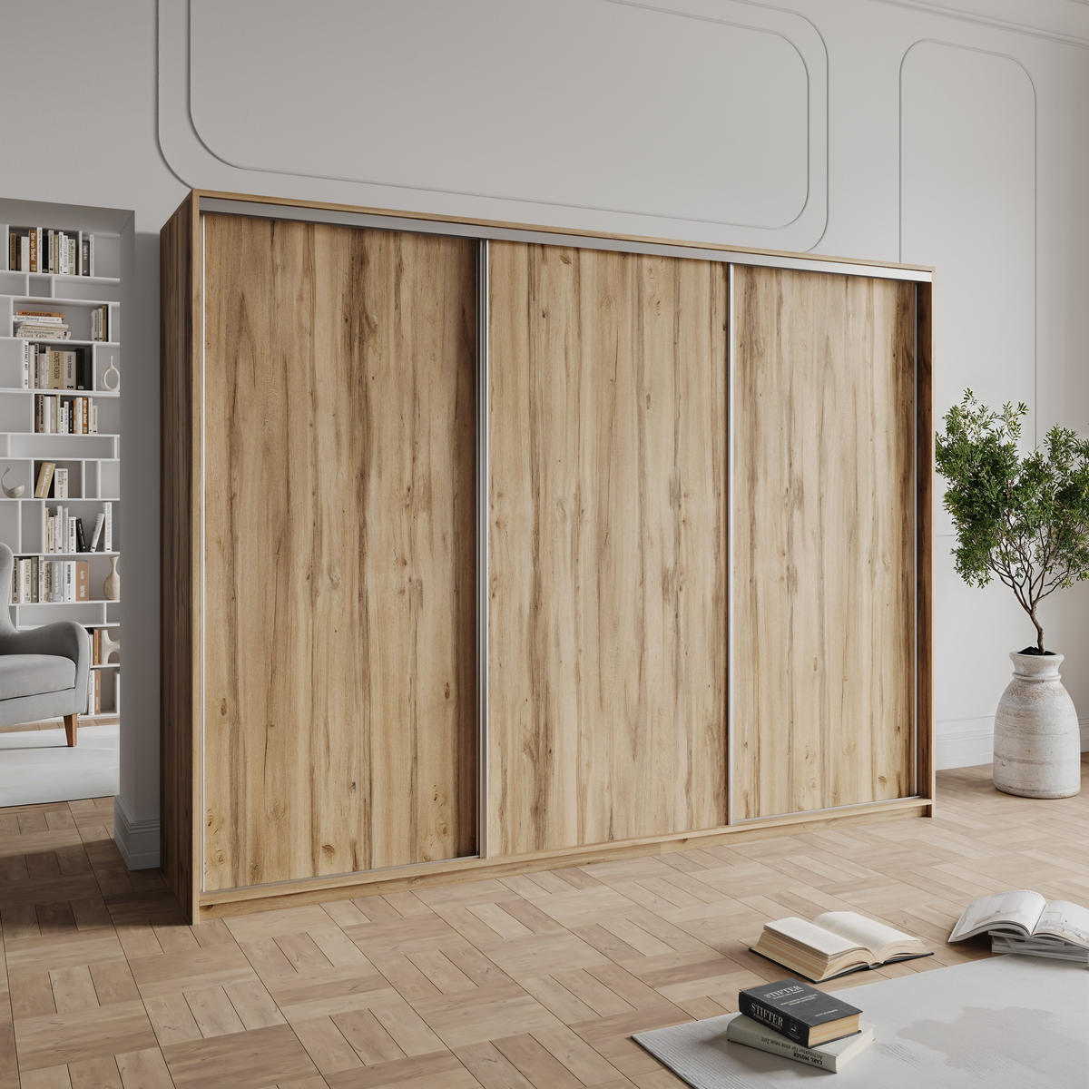 SCHWEBETÜRENSCHRANK NISSE 250/205/60 cm 3-türig mit Schubladen Eiche Wotan - Eiche Wotan/Nickelfarben, Holzwerkstoff (250/205/60cm) - MASSENO