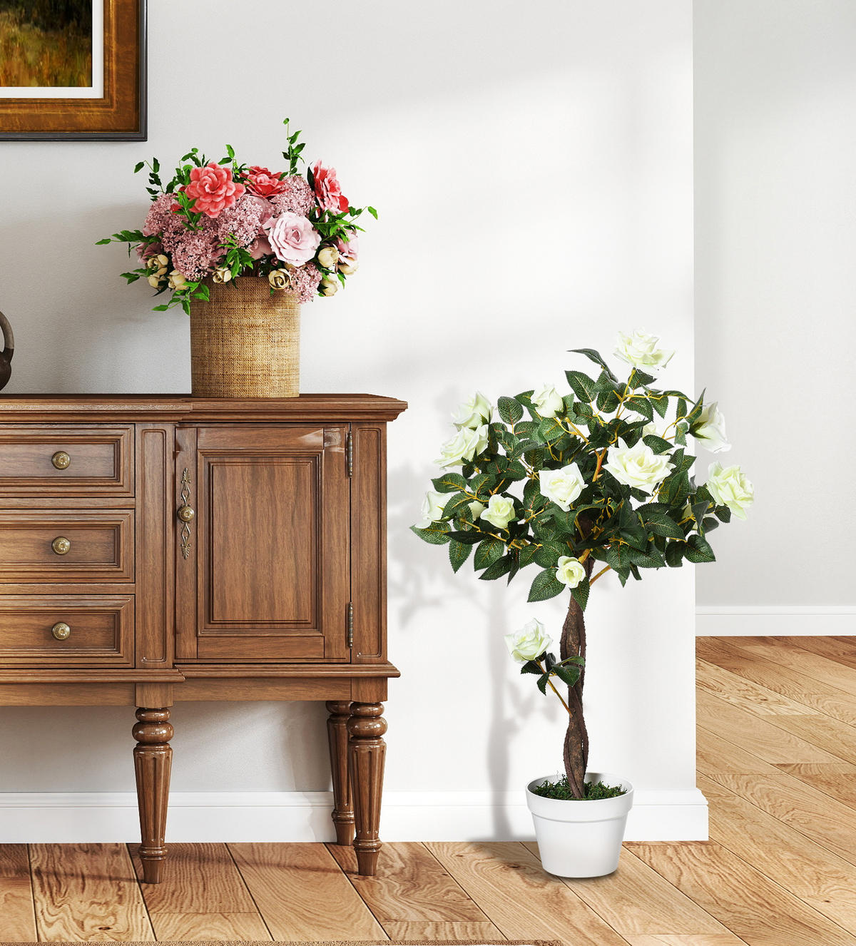 KÜNSTLICHE Rosenpflanzen groß 90 cm Kunstpflanze Rosenbaum für Wohnzimmer - Weiß, Kunststoff (90cm) - Outsunny