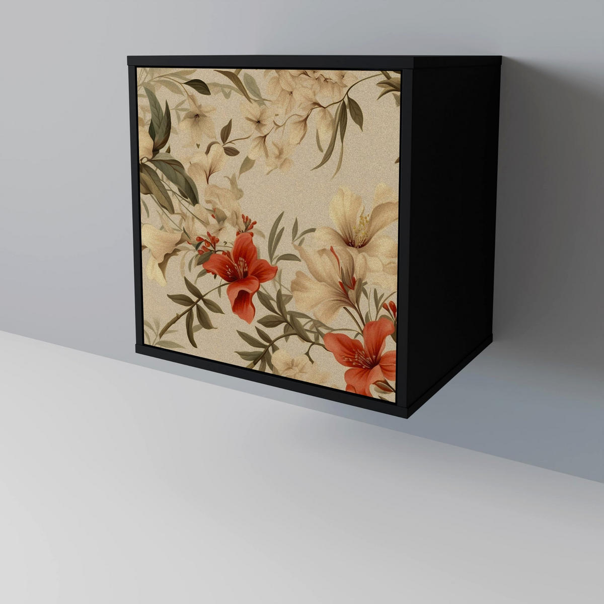 SIDEBOARD BLOOMING HARMONY, Schwarz, 57,5x42x75,5 cm, Goldfarbene Metallfüße - Goldfarben/Multicolor, Holzwerkstoff/Metall (57.5/75.5/42cm) - SpaceRebels