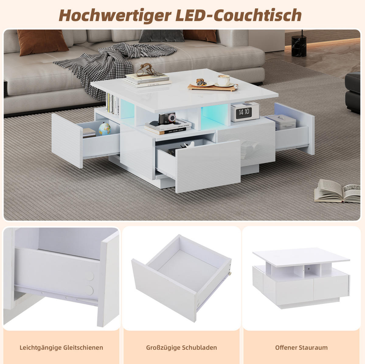 COUCHTISCH aus Spanplatte 70x70x40 cm Weiß mit LED-Beleuchtung, 4 Schubladen und Stauraum - Weiß, Holzwerkstoff (70/70/40cm) - IVMEU