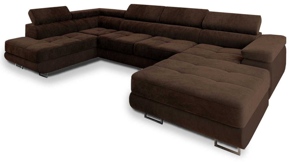 WOHNLANDSCHAFT CASONE L-S Braun Velours-Stoff mit Schlaffunktion - Braun, Holz (345/90/202cm) - MASSENO