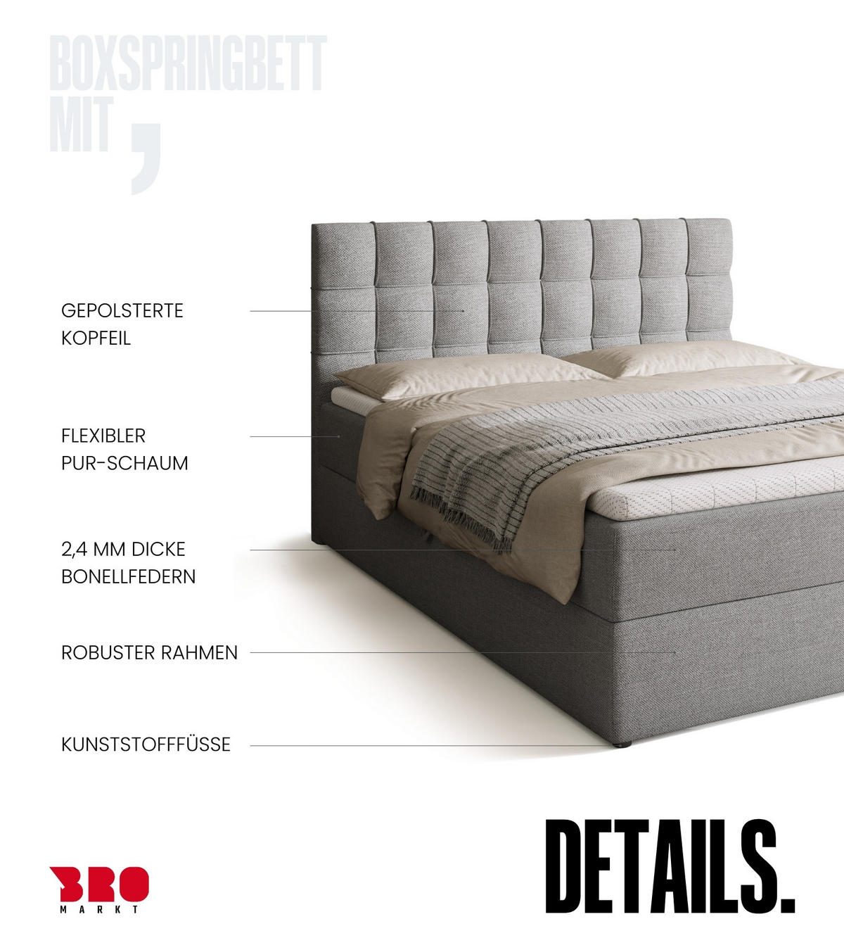 BOXBETT Detroit mit Topper 160/200 Hellgrau - Hellgrau, Holzwerkstoff/Textil (160/200cm) - Bromarkt