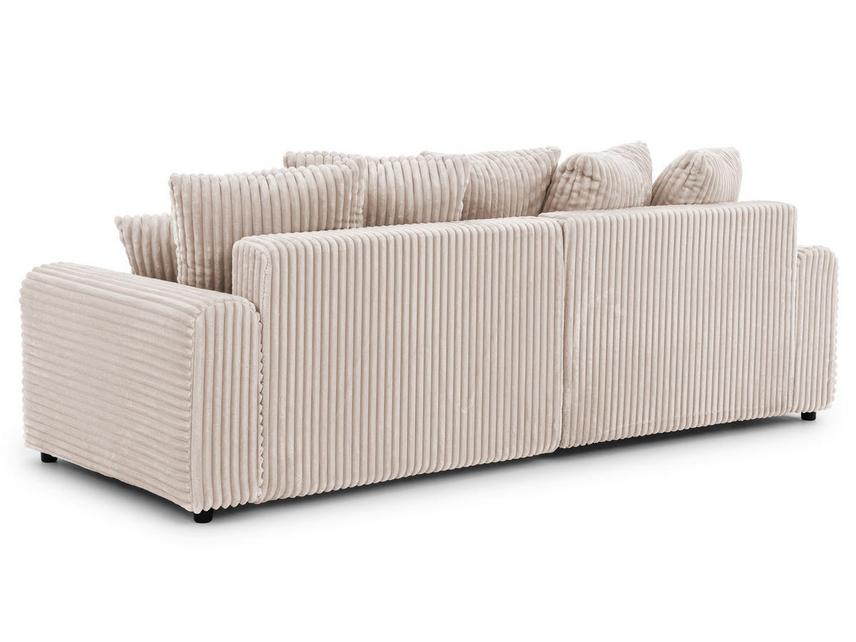 ECKSOFA Calma mit Schlaffunktion und Bettkasten im Bumpy-Design aus weichem Hellbeige Plüschcord - Ottomane links - Beige/Schwarz, Holz/Kunststoff (239/140cm) - S-Style