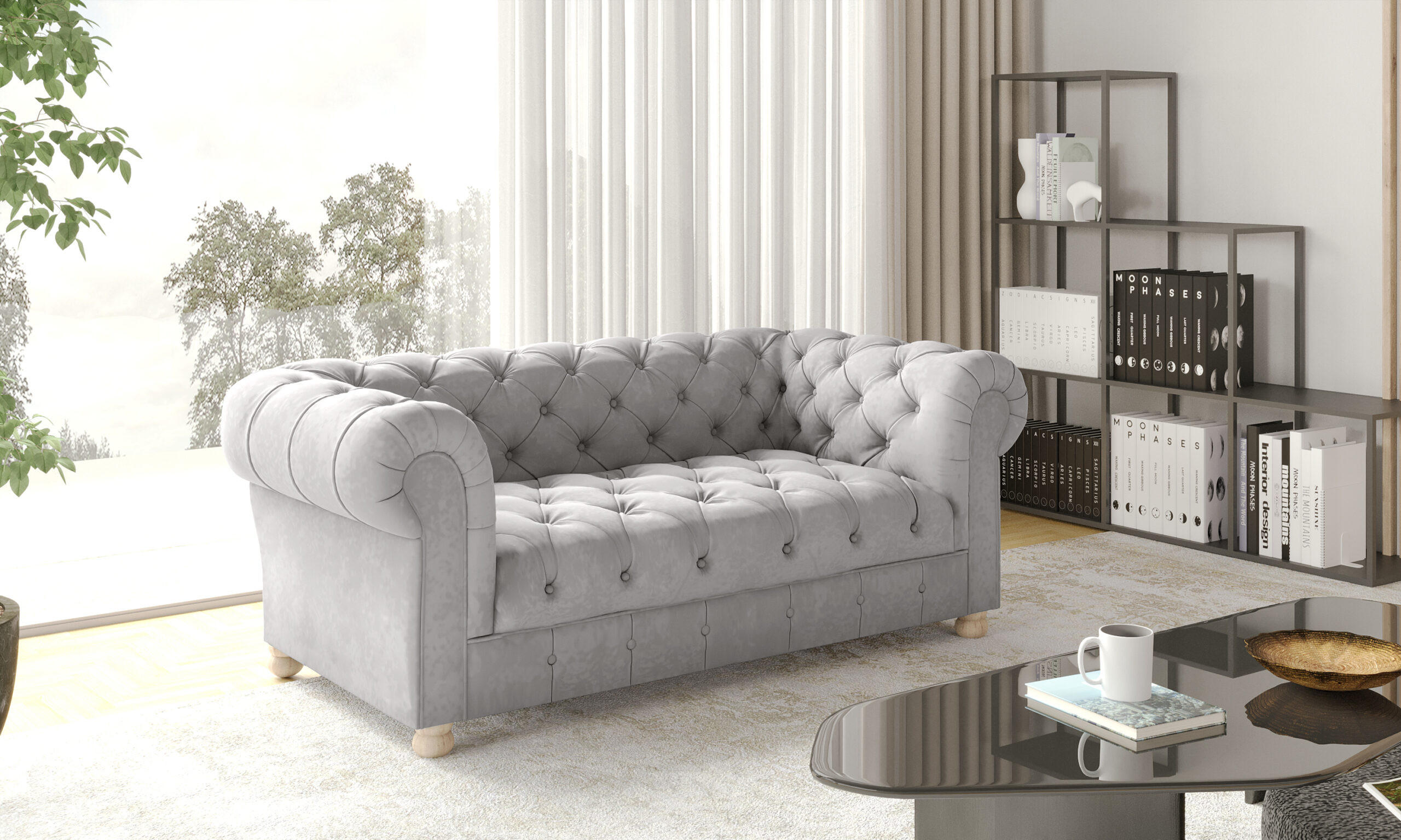 SOFA 2-Sitzer CHESTERFIELD Elegant Klassisch Schick Stoff Whisper Velours Silber - Silberfarben, Holz/Textil (152/77/90cm) - Kaiser Möbel
