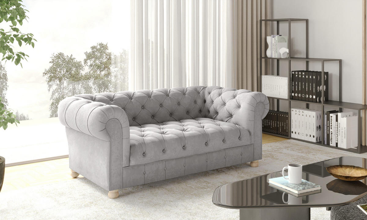 SOFA 2-Sitzer CHESTERFIELD Elegant Klassisch Schick Stoff Whisper Velours Silber - Silberfarben, Holz/Textil (152/77/90cm) - Kaiser Möbel