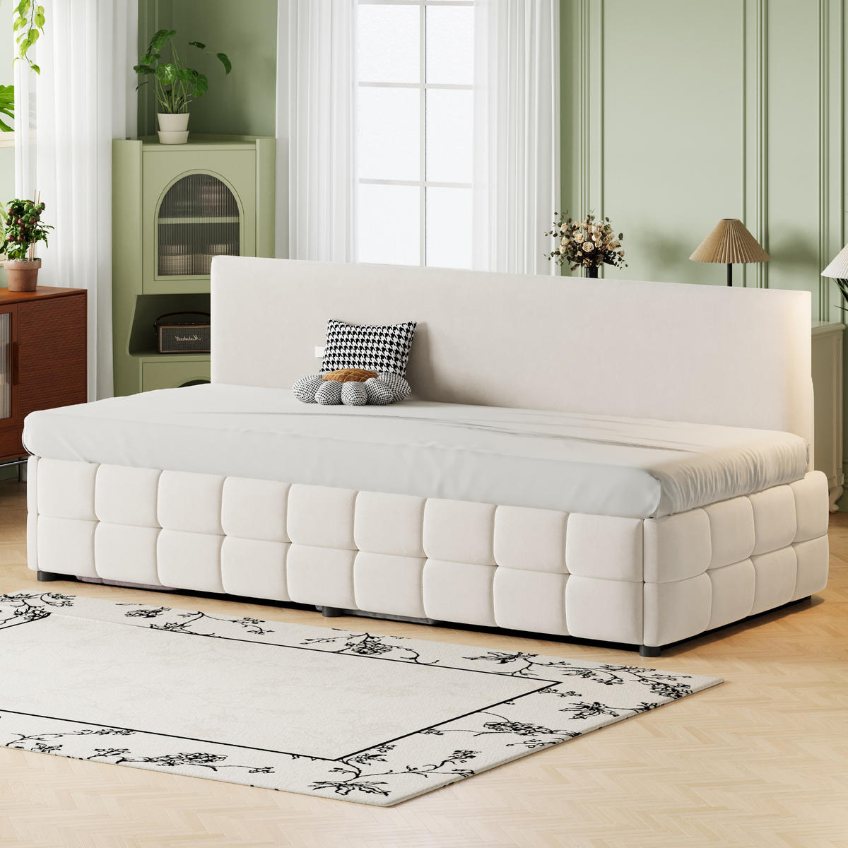 POLSTERBETT aus Samt 90x200 cm Beige mit hydraulischem Bettkasten, Rückenlehne und klassischem Karomuster - Beige, Textil (90/200cm) - Modfu