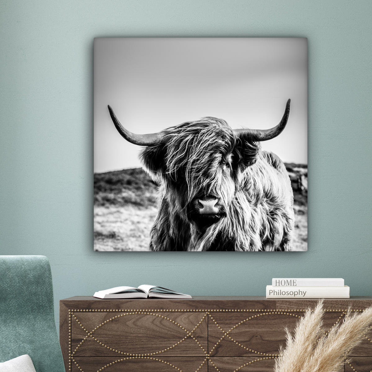 OBRAZ NA PLÁTNĚ Kráva - Skotský horal - Černá - Bílá - Zvíře - Příroda - Divoká zvěř 90x90 cm - černá, textil (90/90cm) - MuchoWow