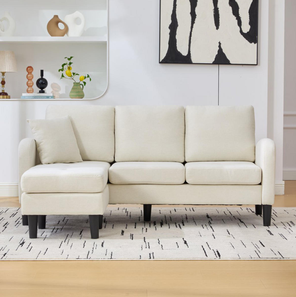 ECKSOFA 166/118/77 cm Hellbeige aus Baumwoll-Leinen-Mischgewebe mit modularer Chaiselongue - Weiß, Textil (118/166cm) - OKMYHOME