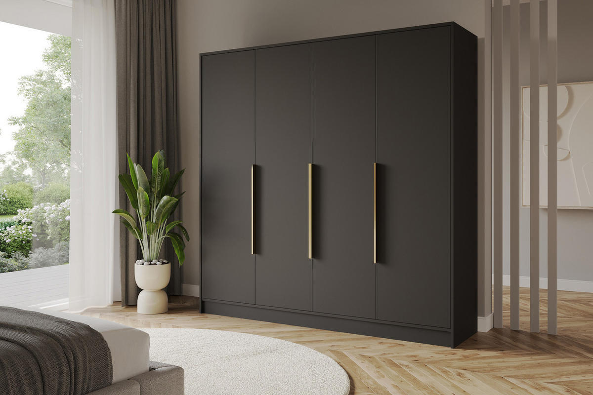 KLEIDERSCHRANK - PORTO - 200 - Schwarz - Goldfarben/Schwarz, Holzwerkstoff (200/200/51cm) - ALTDECOR