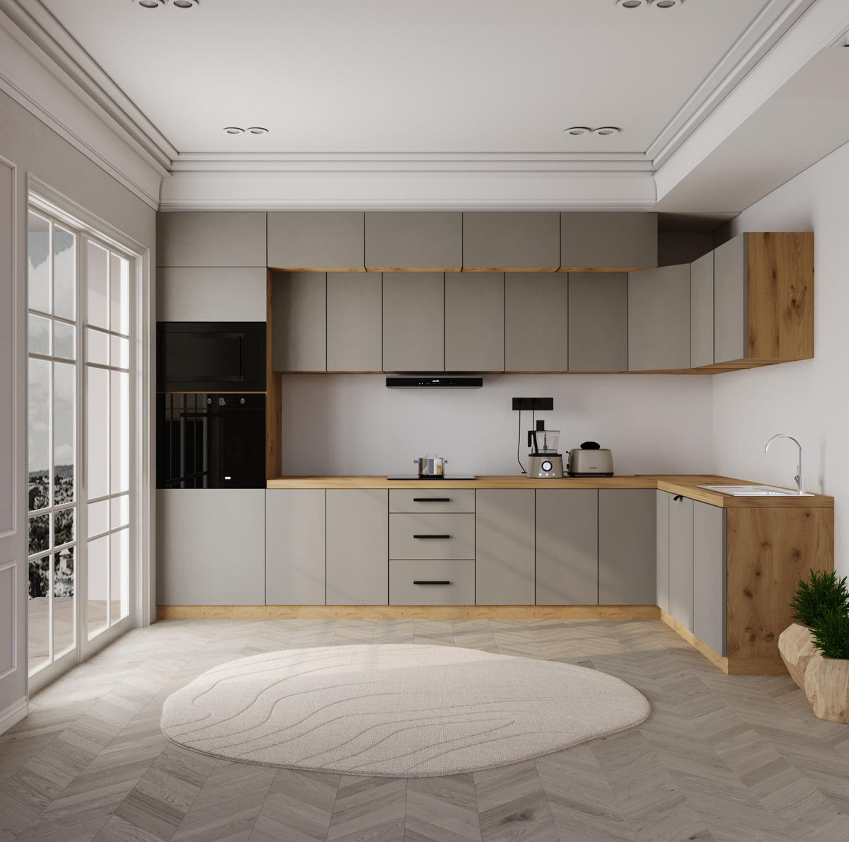 WINKELKÜCHE 360cm x 200cm- Langen KL10-M360 - in Beige/Matt - Beige, Holz/Metall (560/248/58cm)