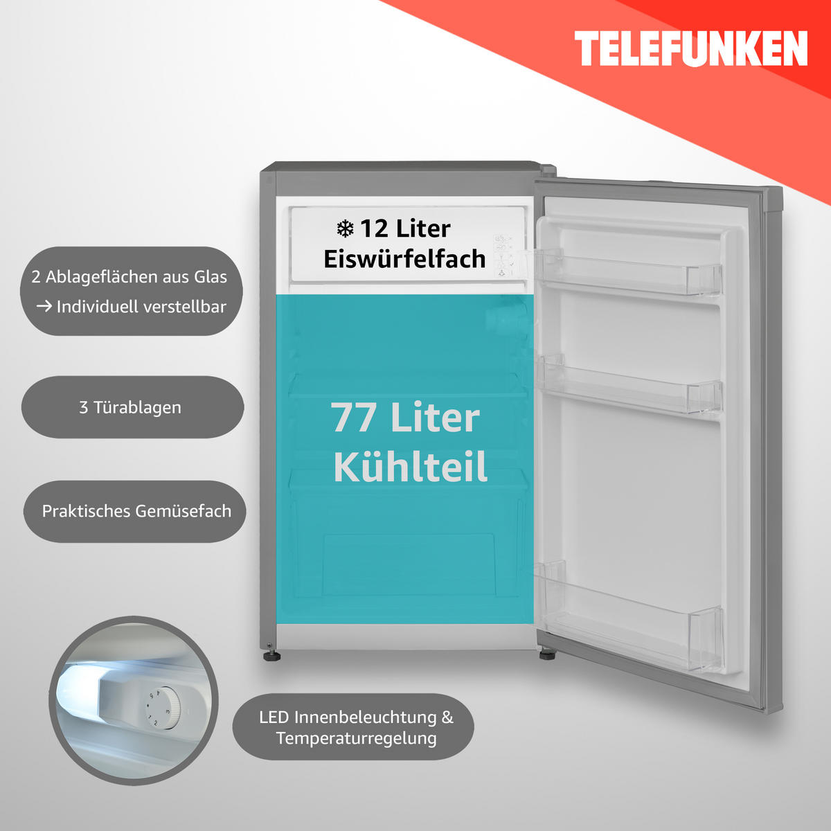 KÜHLSCHRANK mit Eiswürfelfach, 89 Liter, klein und freistehend, CF-33-101-S2 silber - Silberfarben, Kunststoff/Metall (48/82.1/50cm) - Telefunken