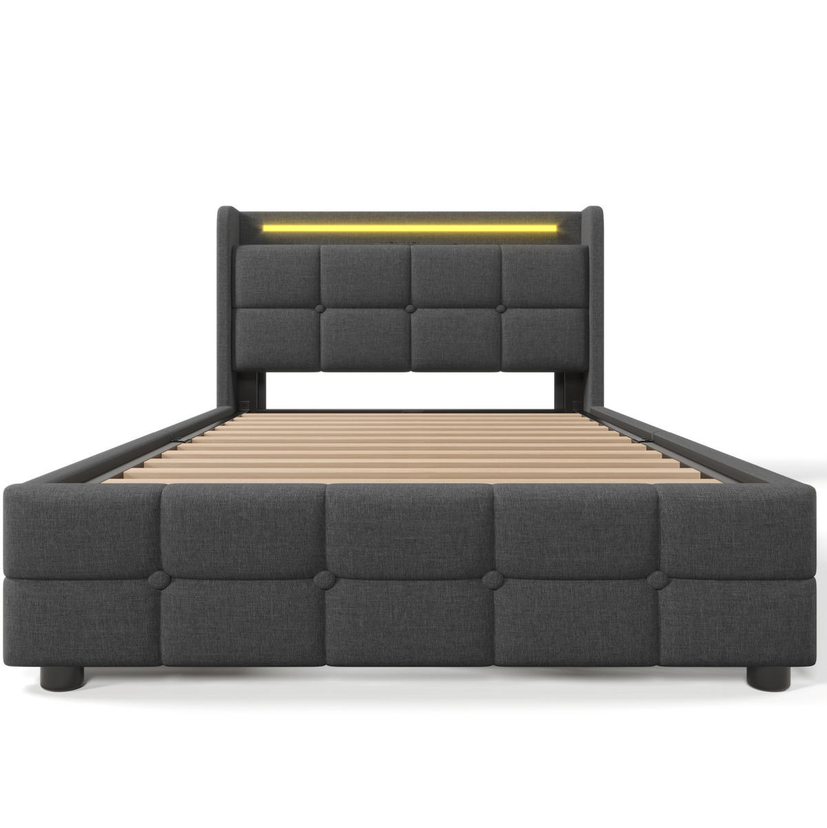 ČALÚNENÁ posteľ 90/200 cm s LED osvetlením, USB a zásuvkami, úložným priestorom a čalúneným čelom, Sivá - sivá, drevo (90/90cm) - Redom