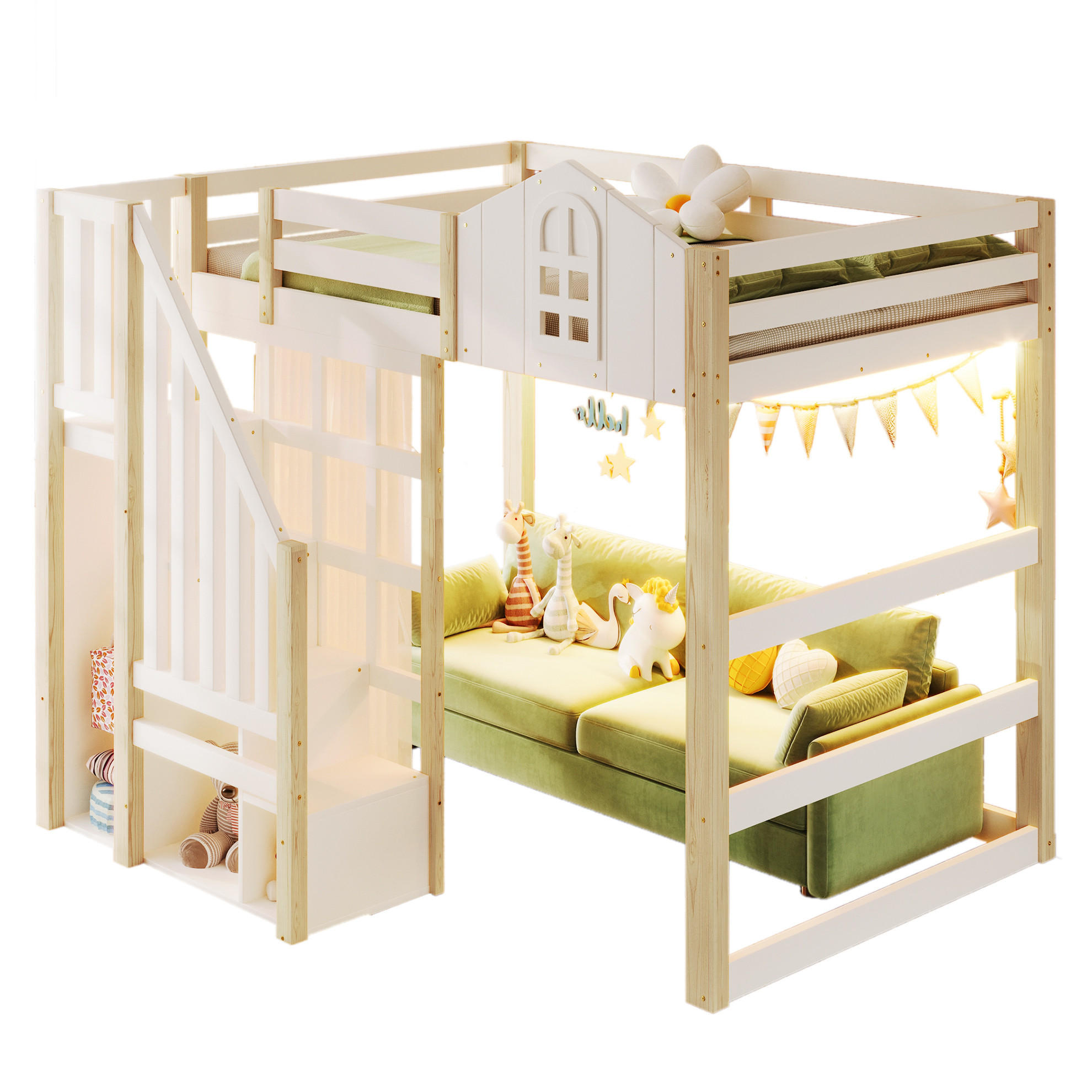 HOCHBETT 140/200 cm mit LED-Beleuchtung, Ablageleiter und Schlossdesign aus Kiefernholz, Weiß/Natur - Weiß, Holzwerkstoff (140/200cm) - Redom