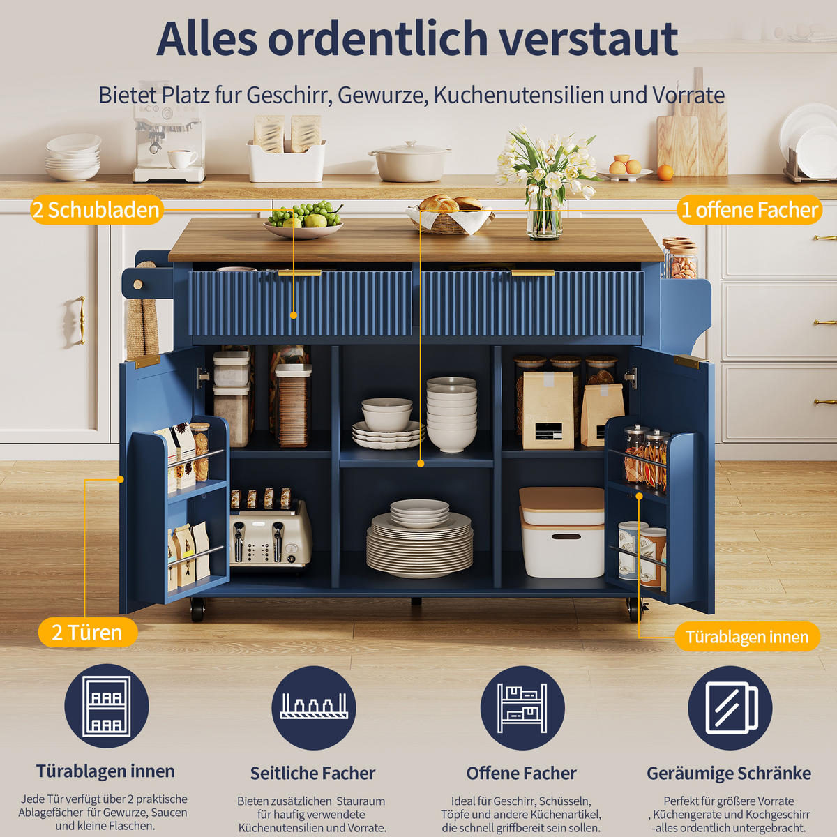 KÜCHENINSEL auf Rollen 143/45/89.5 cm Blau mit klappbarer Arbeitsplatte, 2 Schubladen und Stauraum - Blau, Holz/Holzwerkstoff (45/89.5/143cm) - Oxeza