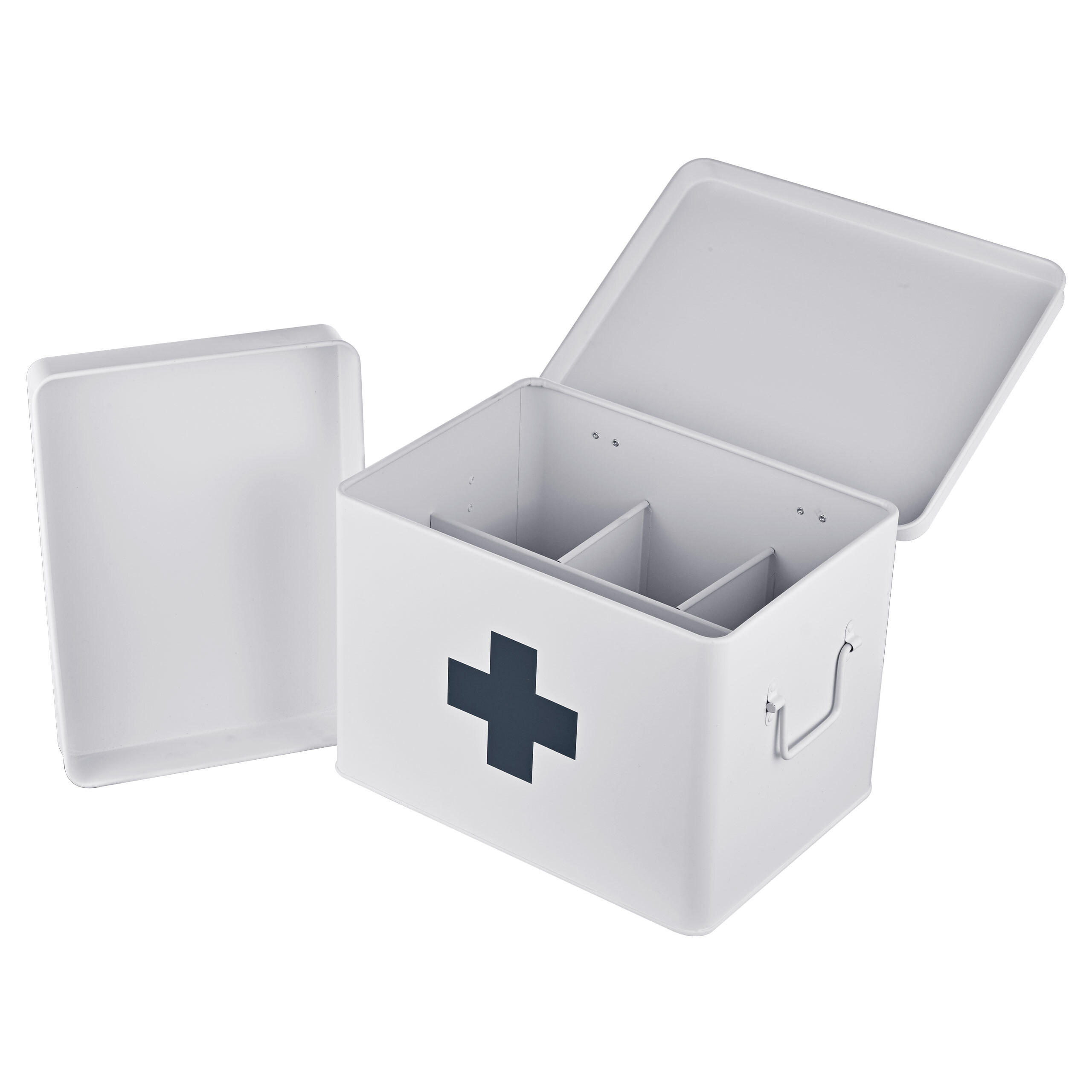 MEDIZINBOX Weiß Grau Metall 4 Fächer entnehmbarer Einsatz - Weiß, Metall (28/21/20.5cm) - Relaxdays