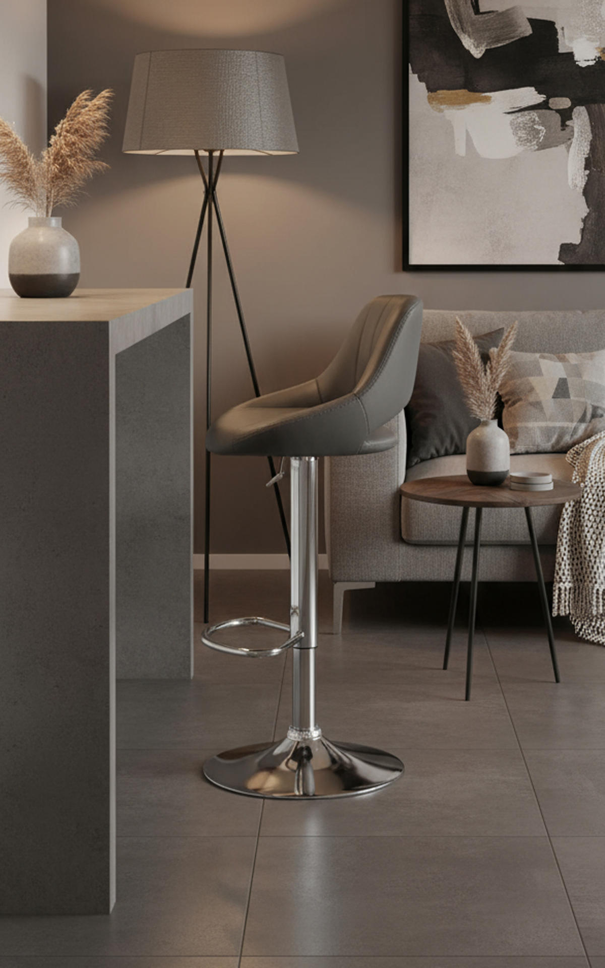 BARHOCKER Milos Kunstleder chrom grau - Chromfarben/Grau, Kunststoff/Metall (47/106/48cm) - TPFLiving
